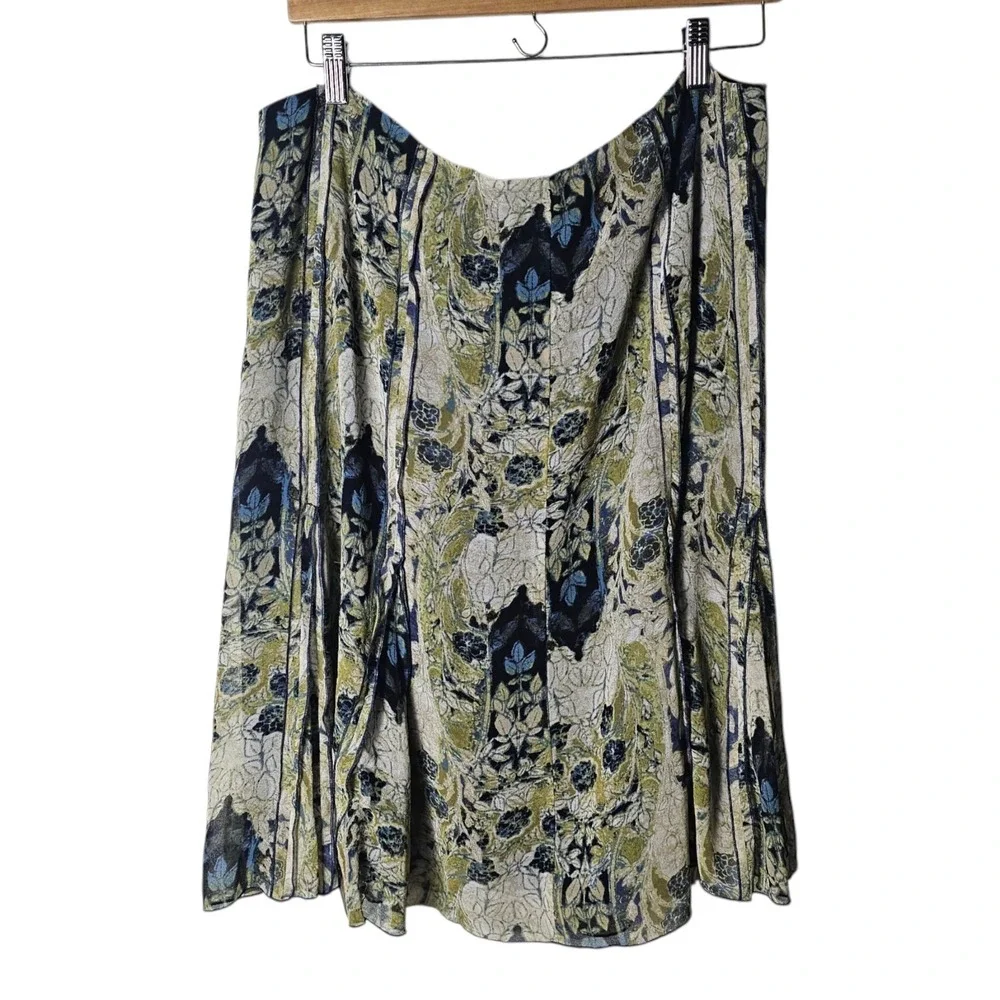 Size 16 Skirt Green Blue Floral Chiffon A-Line Midi Boho Career Forest Fairy ~